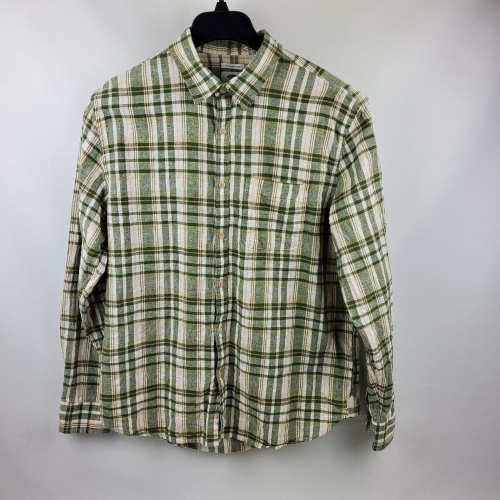 Old Navy Slim Fit Plaid Linen Blend Shirt Mens Size Large Green White Pink Plaid